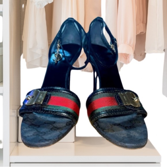 GUCCI GG & Black Leather And Web
Ankle Strap Sandals Size 10B - Picture 2 of 15